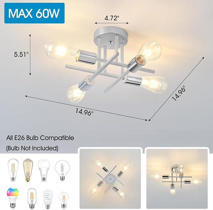 EGM Chrome Semi Flush Mount Ceiling Lights, 4-Light Modern Kitchen Ceiling Light Fixture with E26 Bulb Base, Industrial Sputnik Chandelier for Dining Room Foyer Bedroom Office (1 Pack)
