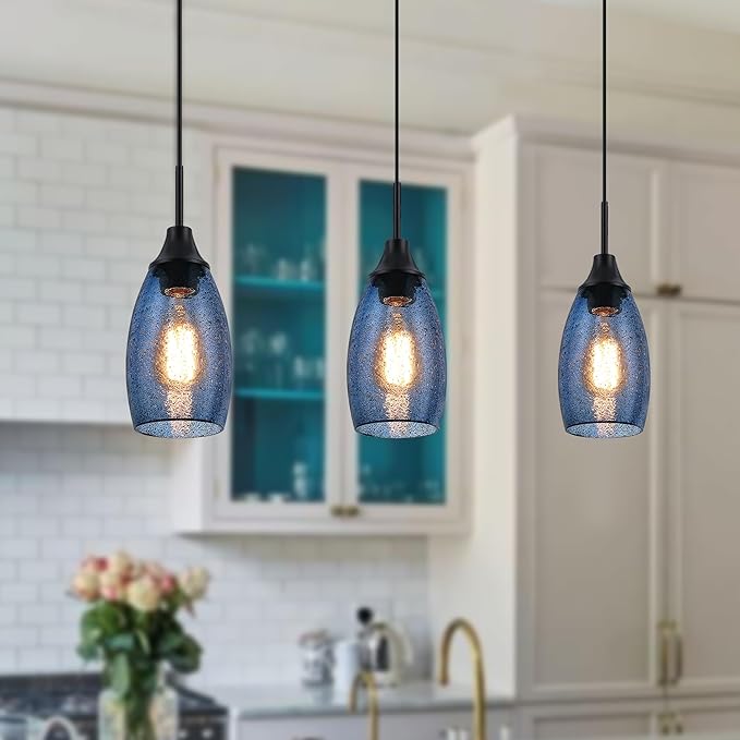 Viinew Mini Glass Pendant Light 1-Pack Handblown Clear Dark Blue Seeded Glass Shade Adjustable Cord Ceiling Light Fixture for Kitchen Island Sink 4.72"