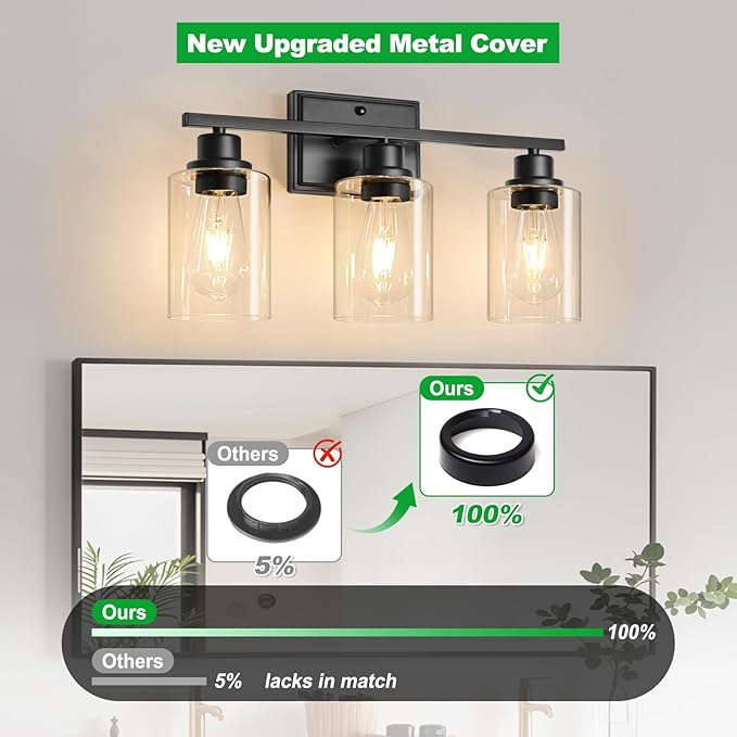 Unicozin 3 Light Bathroom Light Fixtures, Modern Vanity Lights Over Mirror, Black Wall Lamp with Clear Glass for Living Room Cabinet Bedroom Porch