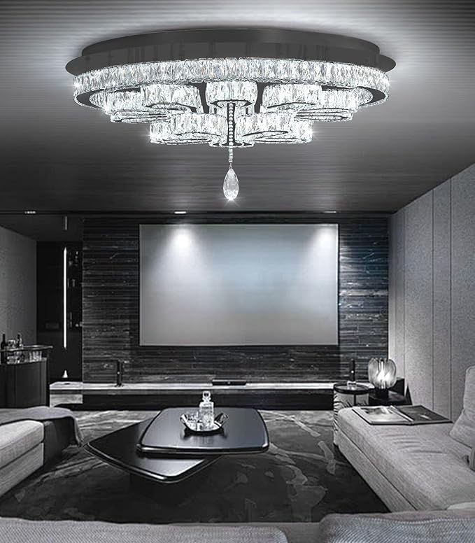 Modern Chandeliers for Living Room Crystal Chandelier Ceiling Light Fixture LED Dimmable with Remote Pendant Lighting Flush Mount Lighting for Dining Room Bedroom Black
