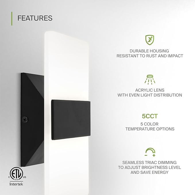 ASD 8 Inch Indoor LED Wall Sconce - 10W 2700K-5000K Dimmable Black Wall Sconce Lights for Living Room, Bedroom, Bathroom, Hallway - Modern Wall Sconces Hardwired, ETL Interior Light, Set of 2