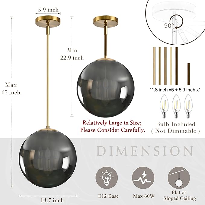 Bagood 14 Inch Globe Pendant Light Gold Large Globe Pendant Lights Kitchen Island Gold Mid Century Light Fixture with Gray Clear Glass Adjustable Hanging Lights for Living Room Foyer (Bulb Included)