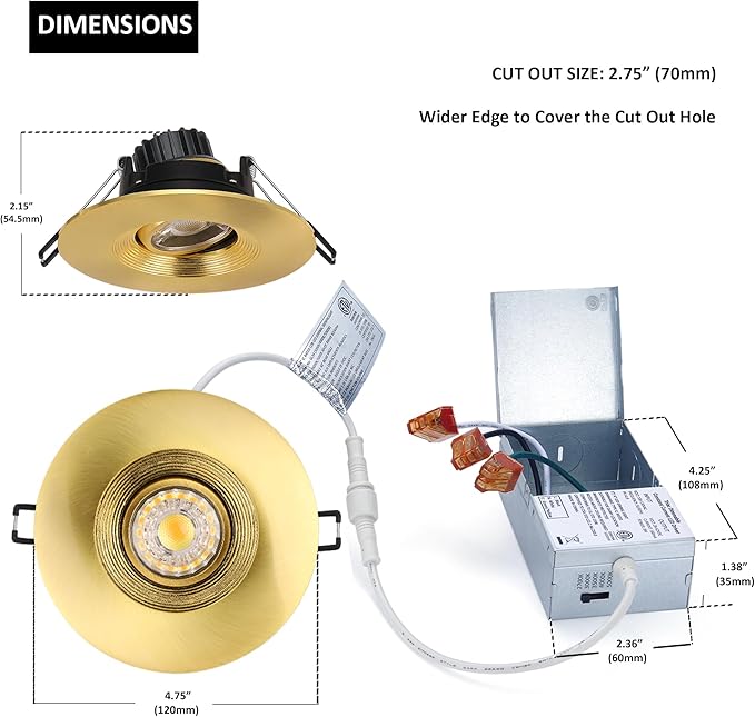 POPANU Premium 4-inch LED Recessed Lights - 5 CCT 4 Inch Eyeball Ceilling Gimbal Potlight, Dimmable Recessed Lights Fixture with Junction Box, 8W CCT Adjustable, Shiny Gold, with Baffle, 6P