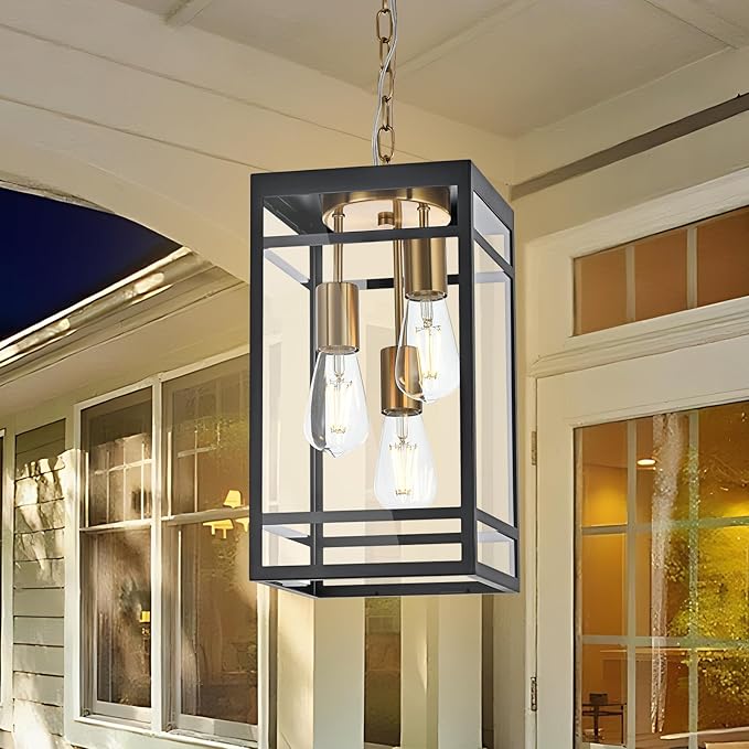Large Outdoor Pendant Light Fixture for Porch, Black Brass Outdoor Hanging Lantern Pendant Light with Clear Glass, 3 Lights Exterior Porch Chandelier for Outside Patio,Front Door,Enterway