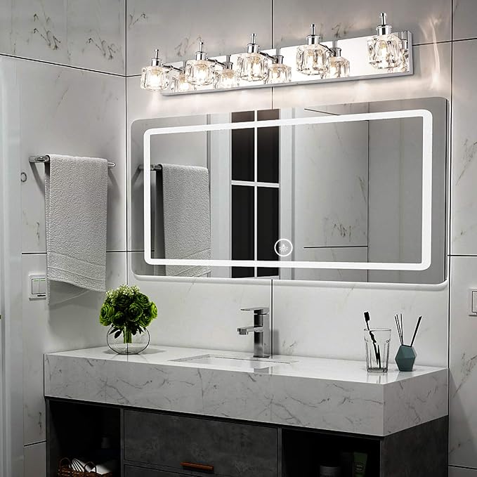 PRESDE Crystal Bathroom Vanity Light Fixtures 5 Light Bathroom Light Fixtures Over Mirror Modern LED Chrome Bath Lighting