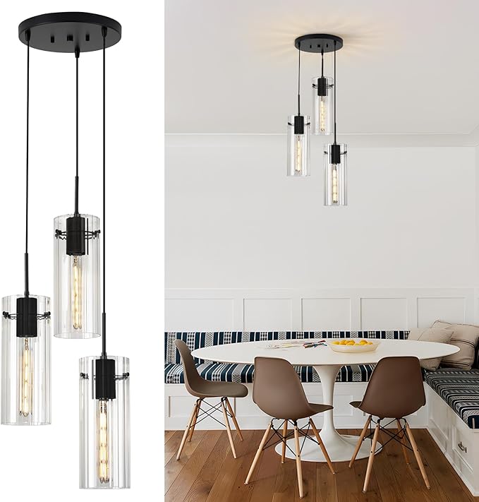 Modern Cluster Pendant Lights, Black Cluster Chandelier with Clear Ribbed Glass, 3 Light Pendant Lighting for Kitchen Island, Staircase, Dining Room, Living Room