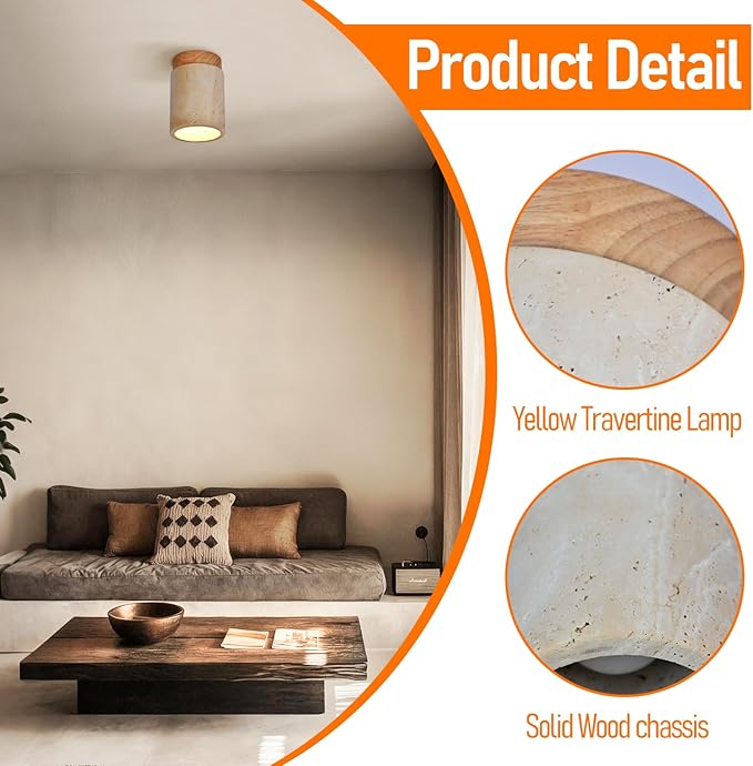 Nordic Retro Yellow Travertine Ceiling Light Fixture Japanese Wabi-Sabi Bedroom Ceiling Lights Farmhouse Flush Mount Ceiling Lighting for Hallway, Kitchen, Entryway and Foyer