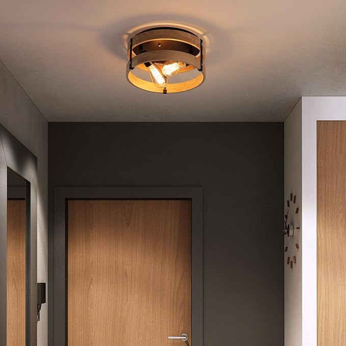 Modern Farmhouse Flush Mount Light Fixture Two-Light Metal and Wood Round Drum Rustic Flush Mount Ceiling Light for Hallway Bedroom Kitchen Entryway, Light Yellow Wood and Black