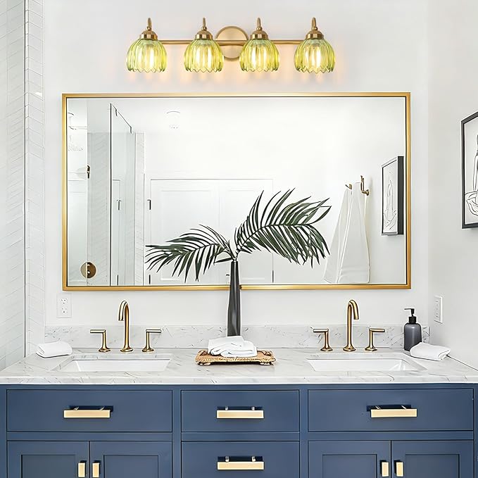Vintage Bathroom Light Fixtures, Brass Vanity Lights with Green Tulip Glass Shade, Vanity Sconces for Bathroom Bedroom Living Room Hallway, 4-Light