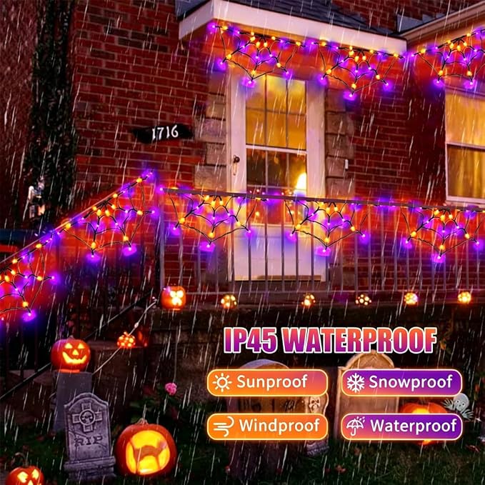 Halloween Spider Web Lights Outdoor, Solar Light up Cobweb String Lights with 60LED Purple&Orange Lights, Spiderweb Curtain Fairy String Lights for Halloween Decorations Fireplace Proch Window Garden