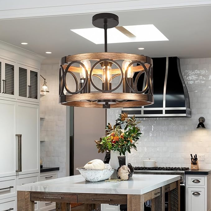 Light Fixtures Ceiling Mount,3-Lights Semi Flush Mount Ceiling Light Fixture,15.7" Black Dining Room Chandelier Rustic Drum Chandelier Pendant Light Fixture with Wood Grain Finish for Kitchen