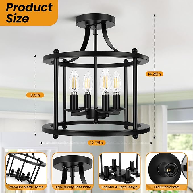 Farmhouse Semi Flush Mount Ceiling Light Fixture, 4-Light Industrial Ceiling Light w/ E12 Base Metal Rustic Vintage Chandelier Lighting for Kitchen Dining Room Hallway Entryway Foyer (Matte Black)