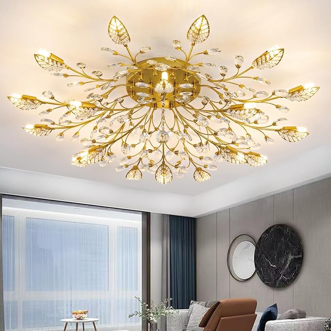 Crystal Ceiling Light Fixture,Semi Flush Mount Ceiling Lights,Chandelier Dining Room for Bedroom Living Room Dining Room Kitchen Hallway Foyer