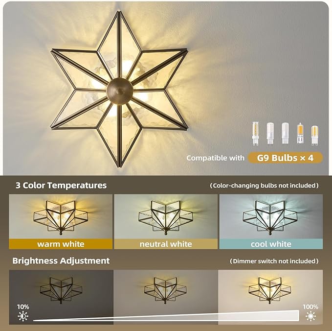 Star Vintage Bronze Ceiling Light - 12.2 in Small Hammered Glass Antique Flush Mount Fixture - Mid Century Black Art Deco Lighting for Kitchen Hallway Bedroom Bathroom Laundry Entryway Farmhouse Hall