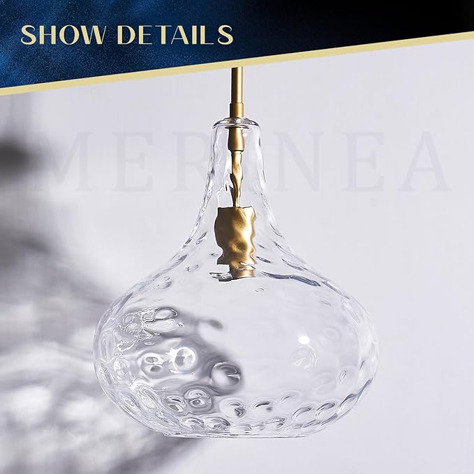 11" Hand-Blown Clear Glass Pendant Light with Hammered Texture, Gold Finish Adjustable Hanging Light Fixture for Kitchen Island, Dining Room, Hallway, Living Room
