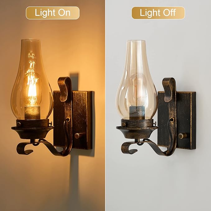 Yisuro Wall Sconces Sets of 2, Oil Rubbed Bronze Plug in Wall Sconce,Retro Rustic Wall Lamps,Sconces Wall Lighting with Amber Glass,Indoor Vintage Bedside Wall Lighting for Living Room Bathroom