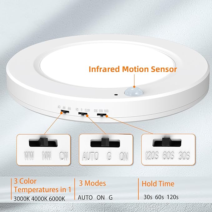 2-Pack Motion Sensor Ceiling Light Wired, 7.5 Inch 3000K 4000K 6000K Selectable LED Flush Mount Ceiling Light Fixture with Timer, 15W Motion Sensor Light Indoor for Closet Hallway Laundry Stairs