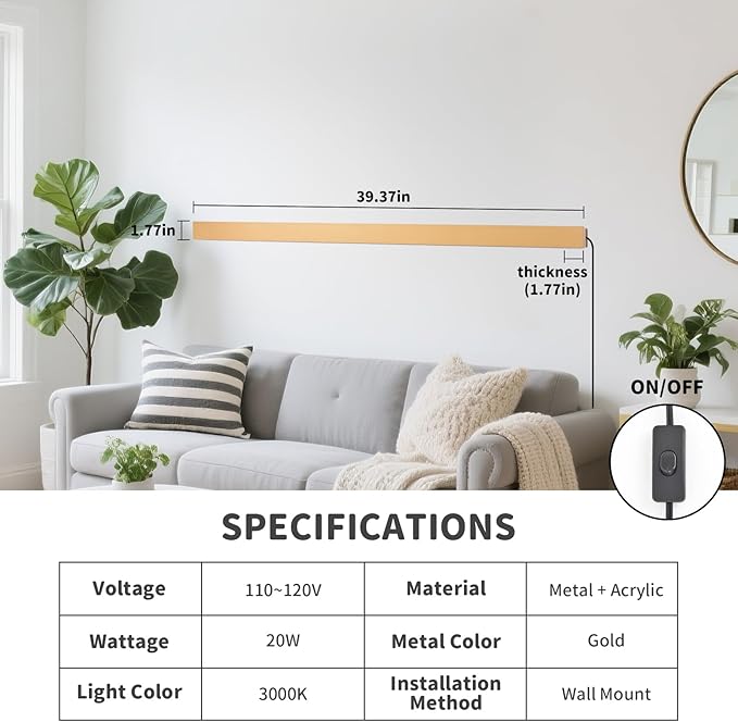 KELUOLY Modern Plug in Long Wall Sconce, 39" Gold Matte LED Wall Lights, 20W Warm White 3000K Acrylic Indoor Wall lamp, with 59" Plug Cable for Bedroom, Living Room, Hallway