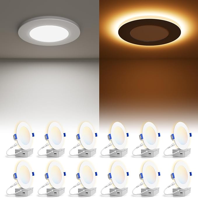VOLISUN 12 Pack 4 Inch 5CCT Recessed Light with Night Light,Canless LED Recessed Lighting 4 inch,2700K-5000K Selectable,9.5W=80W,810LM Dimmable Recessed Ceiling Wafer Light,ETL Certificated