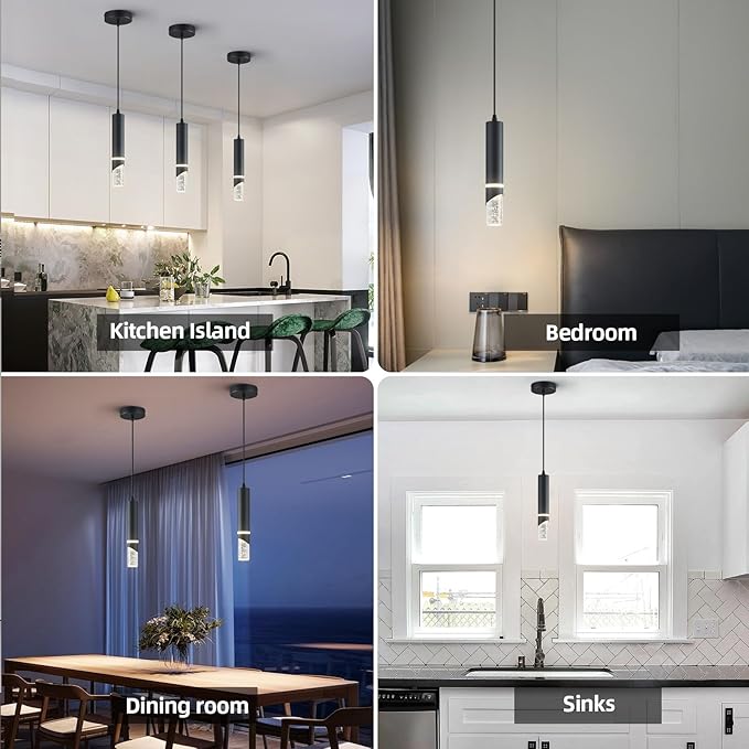 Modern Dimmable Led Pendant Lights Kitchen Island, Ideal for Living Room, Bedroom,Sink 6w LED Crystal Energy-Saving Hanging Lamp for Cozy Lighting (Black 2-Pack)