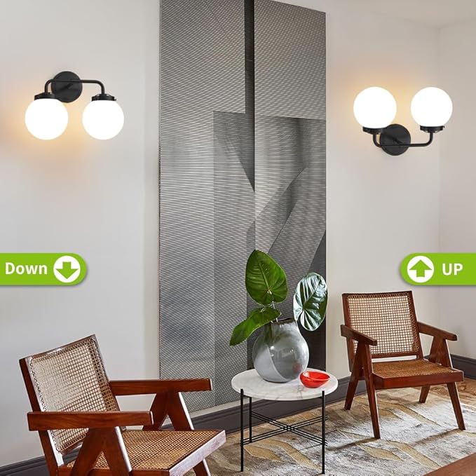 Black Bathroom Light Fixtures Over Mirror, Modern Vanity Lighting with Milk White Glass Globe Shades 2-Light Farmhouse Wall Sconce