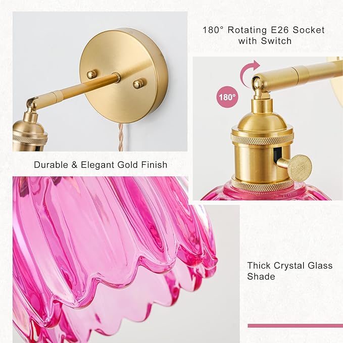 Plug in Wall Sconces Set of 2, Vintage Wall Sconce Light with Tulip Ruby Red Glass Lampshade, Bedroom Wall Sconce with Switch and Plug in wall lamp Cord, Gold Wall Light Wall Decor Set of 2