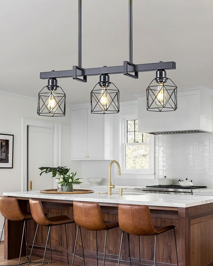3-Light Farmhouse Kitchen Island Lighting Black Hardware and Black Metal cage Frame Design Rustic Vintage Pendant Ceiling Light Suitable for Dining Rooms and Living Rooms