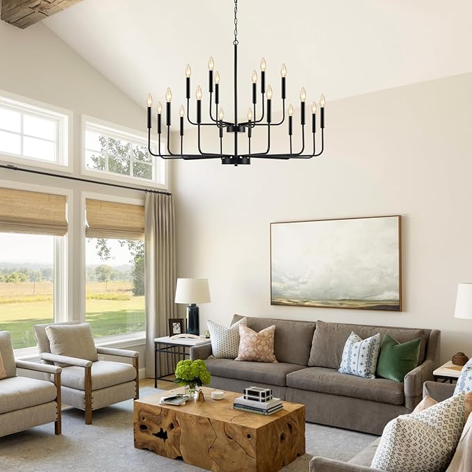 Black Chandeliers for Dining Room Light Fixture Over Table, Modern Farmhouse Chandeliers for Living Room,18-Lights Industrial Metal 2-Tier Candle Lighting Fixtures for Entryway Kitchen Island Foyer
