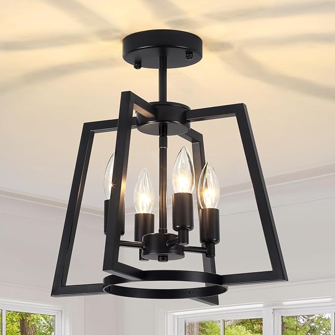 TOULMJ 14.56" Ceiling Light Fixture, 4-Light Farmhouse Black Semi-Flush Mount Ceiling Light for Kitchen Island Laundry Room Bedroom Dining Room Hallway Entryway