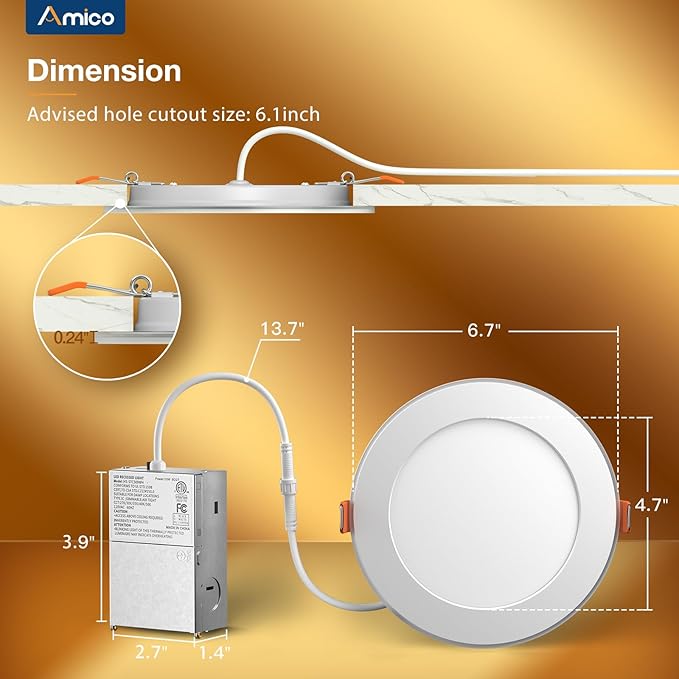Amico 24 Pack 6 Inch 5CCT LED Recessed Ceiling Light with Night Light, 2700K/3000K/3500K/4000K/5000K Selectable Ultra-Thin Recessed Lighting, 12W=110W, 1100LM, Dimmable Canless Wafer Downlight ETL&FCC