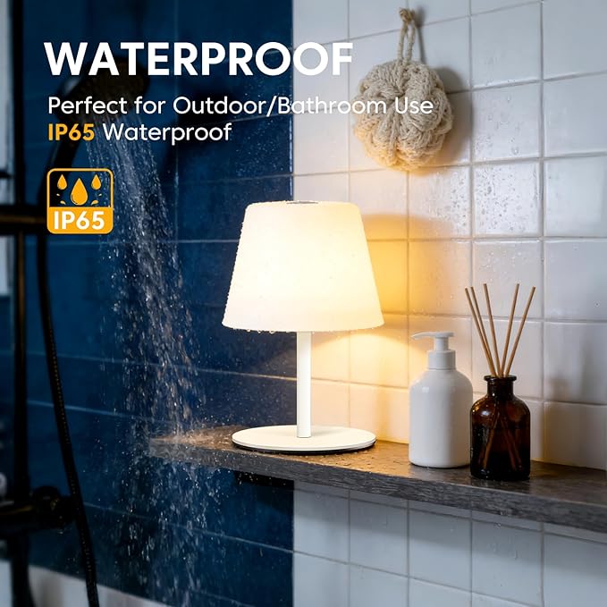 NEEZUKAR Cordless Table Lamp for Bedroom,Rechargeable IP65 Waterproof Shower Lamp with 4000mAh Battery, Touch Dimmable LED Desk Light for Bathroom,Kitchen,Outdoor Patio (White)