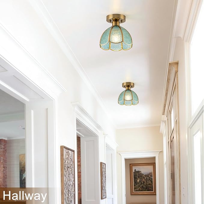 Semi Flush Mount Ceiling Light Fixture, 8.07” Vintage Glass Ceiling Light Small Antique Light Fixtures Flower Shade, Mid Century Ceiling Light for Hallway Kitchen Entryway Foyer Bedroom