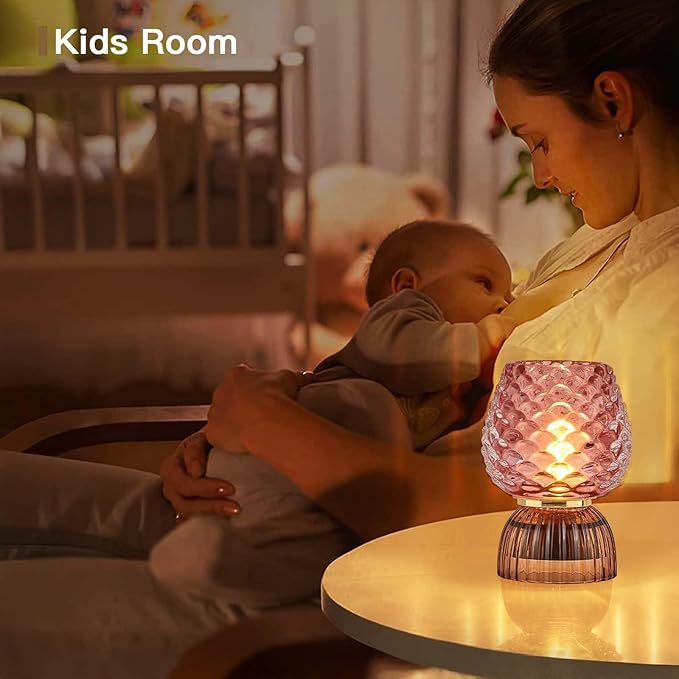 Battery Operated Lamp with Timer, Cute Small Cordless Glass Table Lamp for Home Decor, Kitchen, Bathroom, Birthday Gift for Women, Pinecone, Pink