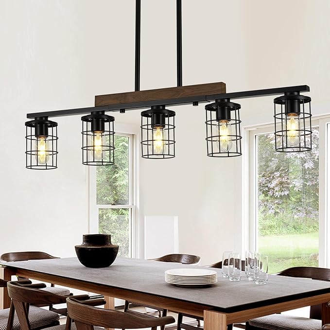 36" Farmhouse Kitchen Light Fixture, Black Hanging Kitchen Chandelier, 5-Light Rustic Dining Room Light Adjustable Height with Wood and Metal Frame, Suit for Farmhouse, Industrial Style