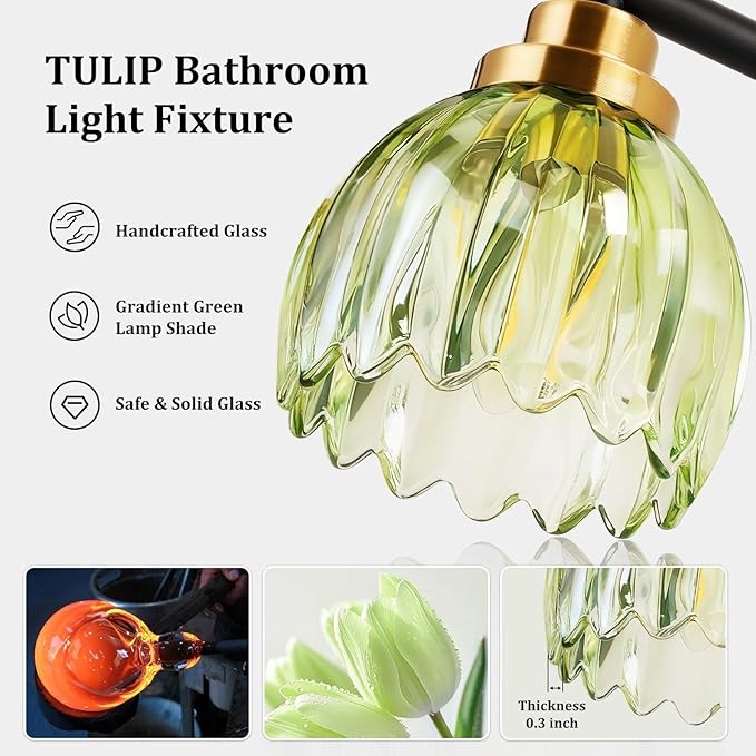 TALOYA Bathroom Vanity Light Fixtures, 3-Light Modern Black and Gold Wall Lights Over Mirror with Gradient Green Tulip Glass Shades Bathroom Wall Lamp for Mirror, Living Room,Hallway, Cabinet Porch