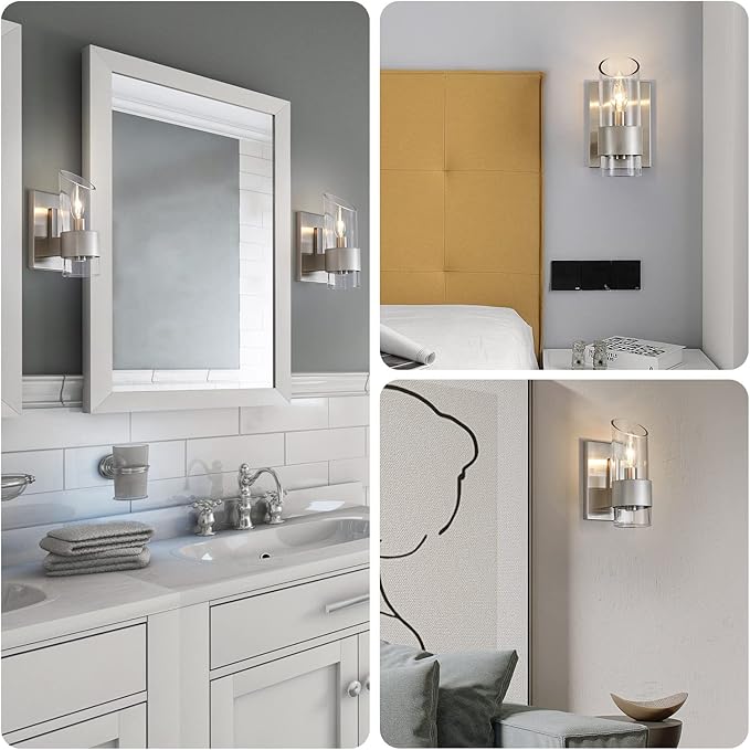 WUZUPS Set of 2 1-Light Bathroom Wall Light Fixture Over Mirror Class Shade Morden Vanity Scones for Bathroom Bedroom Living Room, E12 Base, Brushed Nickel