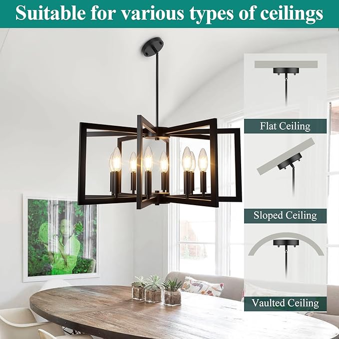 Bairth 8-Light Black Chandelier, Farmhouse Dining Room Light Fixture, Modern Chandelier, Geometric Industrial Metal Hang Lighting Fixture for Foyer Entryway Kitchen Over Table Hallway Living Room