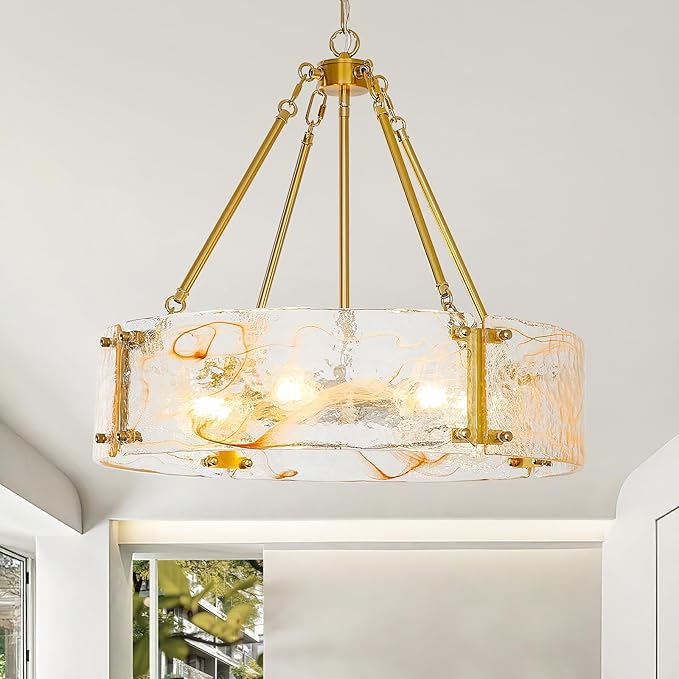 WILON Chandeliers for Dining Room, Modern Glass Pendant Light Fixtures,6-Light Foyer Kitchen Lighting Fixtures Textured Hanging Lights for Bedroom, Bathroom, Laundry Room, Entryway, Hallway (Gold)