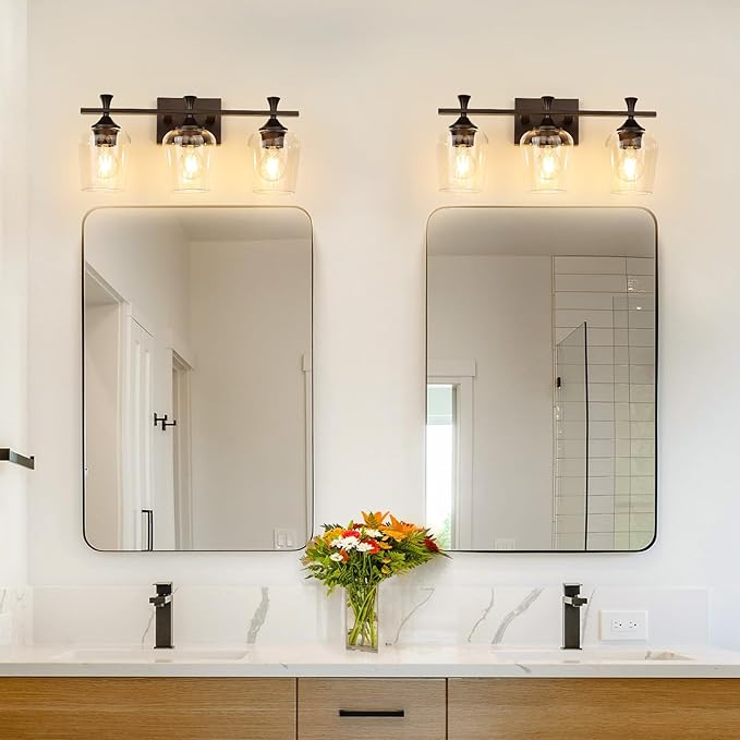 3 Light Bathroom Vanity Light - Coffee Bathroom Lighting Fixtures Over Mirror, Modern Wall Sconces with Transparent Glass Lampshade for Bedroom Living Room Kitchen Cabinet Stair Hallway