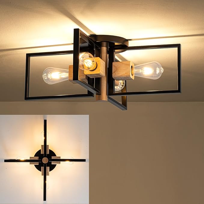 Industrial Ceiling Light Black 4 Light Semi Flush Mount Lights Wood Sputnik Light Fixture 24" Farmhouse Ceiling Light for Kitchen Bedroom Bathroom Foyer Hallway E26