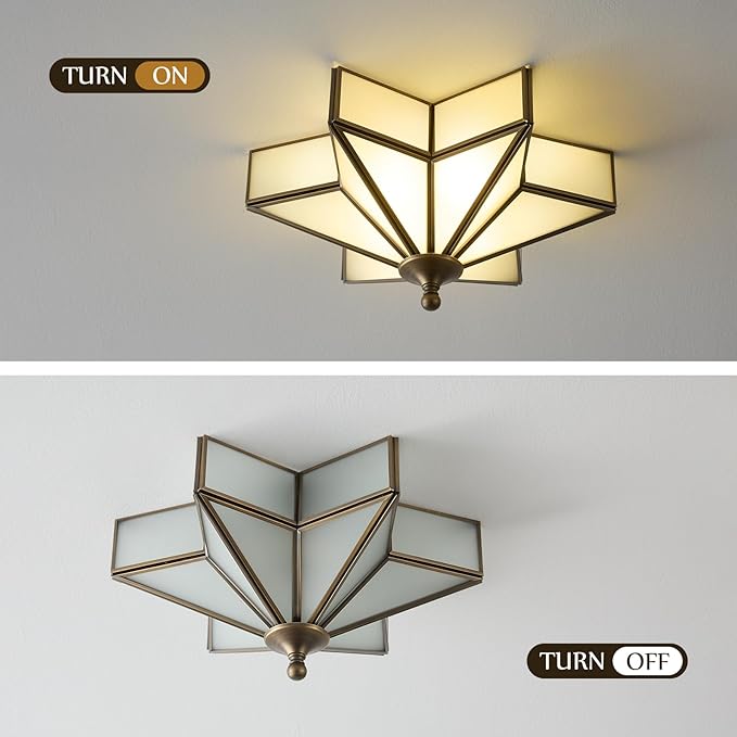 Star Brass Glass Ceiling Light - Small 12 Inch Bronze Black Flush Mount Fixture - Unique Art Deco Vintage Modern Milk Lighting Lights for Bedroom Dining Entry Hall Hallway Outdoor Porch