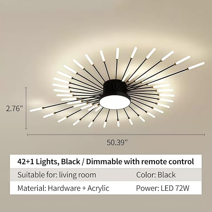 Modern Ceiling Light LED Flush Mount Ceiling Light for Living Room,Kitchen,Dining Room,Bedroom Fireworks Design Dimmable with Remote Control & Memory Function Lighting Fixture (Black,42 Light)