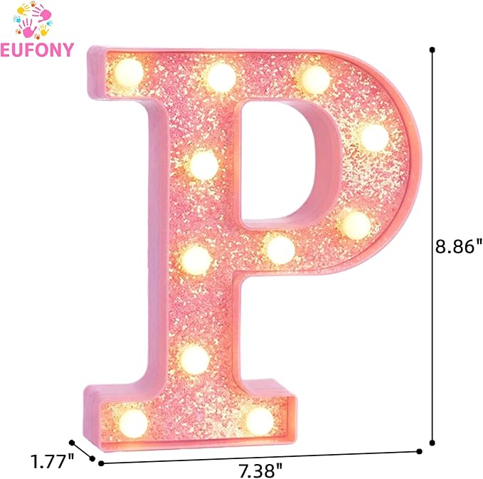 Pink Marquee Light Up Letters, Glitter Alphabet LED Letter Lights for Pink Birthday Party Decorations, Battery Operated Letter Sign for Girls Room Vanity Table Decor, Warm White Lights Letter P