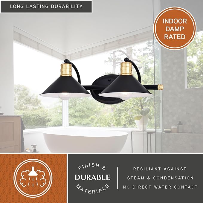 VAXCEL Akron 2-Light 18 inch Wide Matte Black and Natural Brass Industrial Bathroom Vanity Lighting Fixture, Metal Shade, Dimmable, LED Compatible, Over The Mirror Mounted Steel Wall Sconce