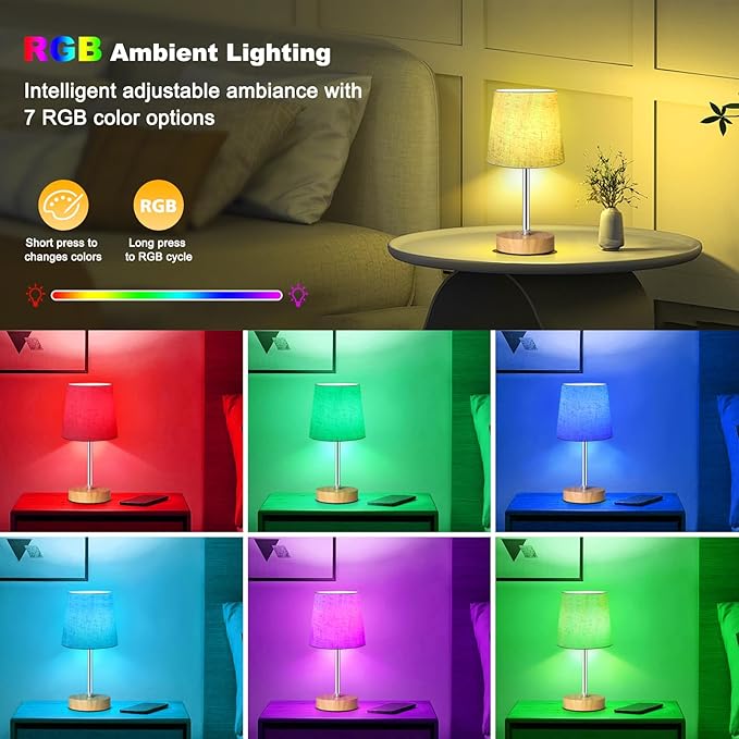 Wowag Small Cordless Table Lamp,5000mAh Rechargeable Battery Operated Desk Lamp,3 Colors & 7 RGB Stepless Dimmable, Portable Touch Bedside Night Light for Patio Restaurant Home,Wood Base,Flaxen Shade