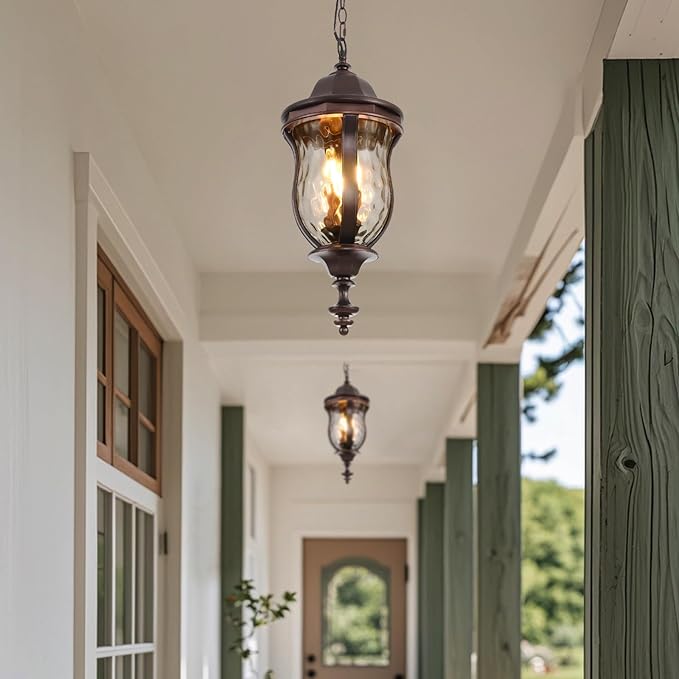 Large Outdoor Pendant Light Fixtures, 23.6'' Exterior Hanging Lantern Porch Light Adjustable, Brown Hanging Lamp Farmhouse Exterior Chandelier Ceiling Mount for Entrance Patio