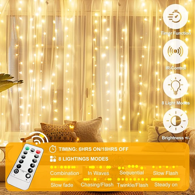Fairy Curtain Lights Upgraded Tangle-Free Warm White USB Plug in 8 Modes String Hanging Lights with Remote for Christmas, Bedroom, Indoor, Outdoor, Weddings, Party (10 FT x 6.6 FT)