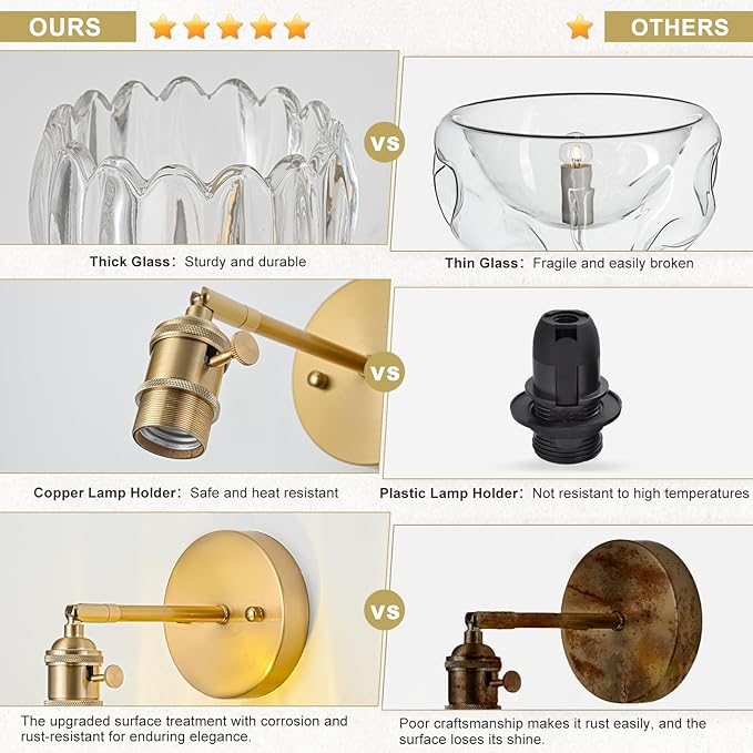 Hardwired Wall Sconce Light, Vintage Wall Sconce with Switch, Gold Wall Light Fixture with Tulip Transparent Glass Lampshade, Indoor Wall Light for Bedroom Bathroom, Bedside Wall Lamp