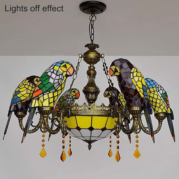 Tiffany-Style Victorian 6-Light Parrot Chandelier, European Red Dragonfly Stained Glass Multi-Head Pendant Lamp Fixture Ceiling Hang Light for Living Room Villa Dining Room,Parrot