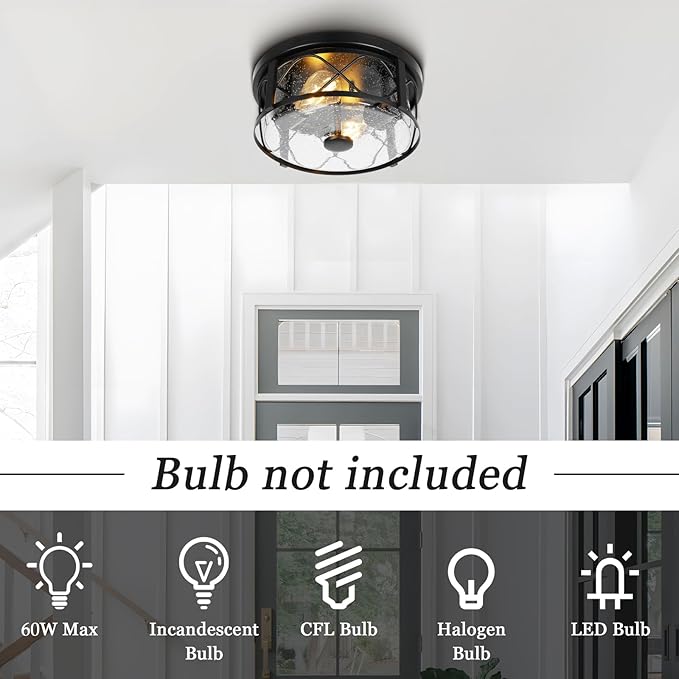 Rustic Close to Ceiling Light Fixtures, Farmhouse Flush Mount Ceiling Lighting, Metal Cage Lighting with Seeded Glass Black Cage for Home Kitchen Dining Room Bedroom Hallway Entryway Foyer